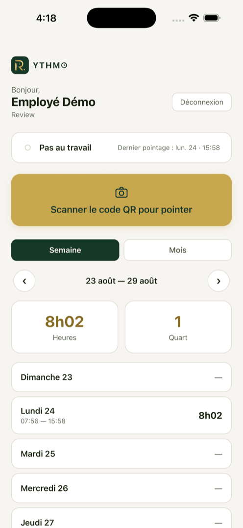 Écran d’un employé : son dernier pointage, le bouton pour scanner le code QR, ses heures de la semaine et le détail jour par jour.