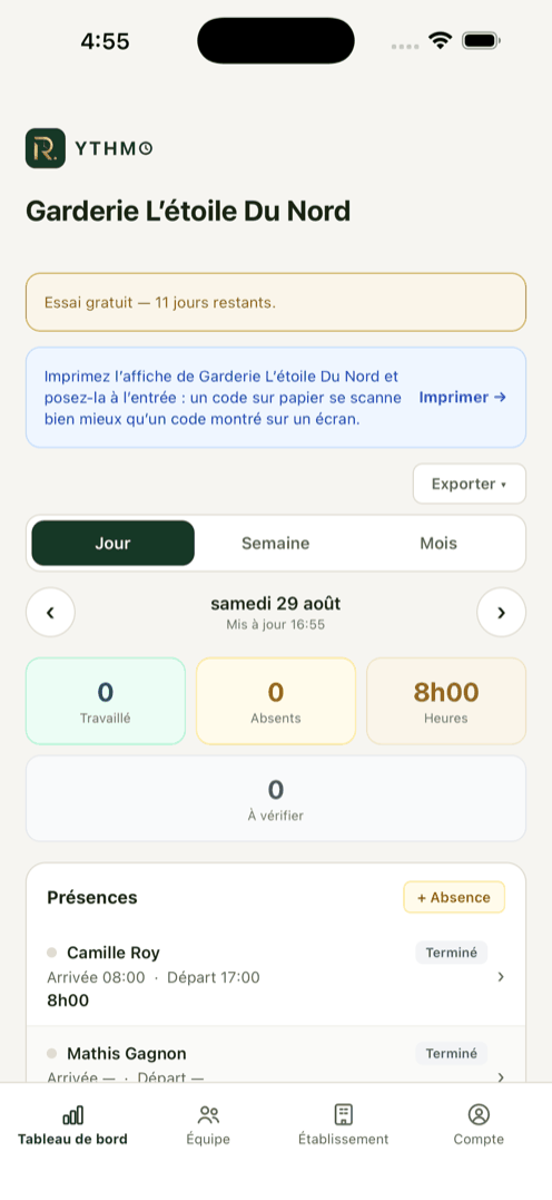 Vue du jour de l’écran employeur : compteurs des présents, des absents et des heures, puis le tableau des présences avec l’arrivée, le départ et les heures de chaque employé.
